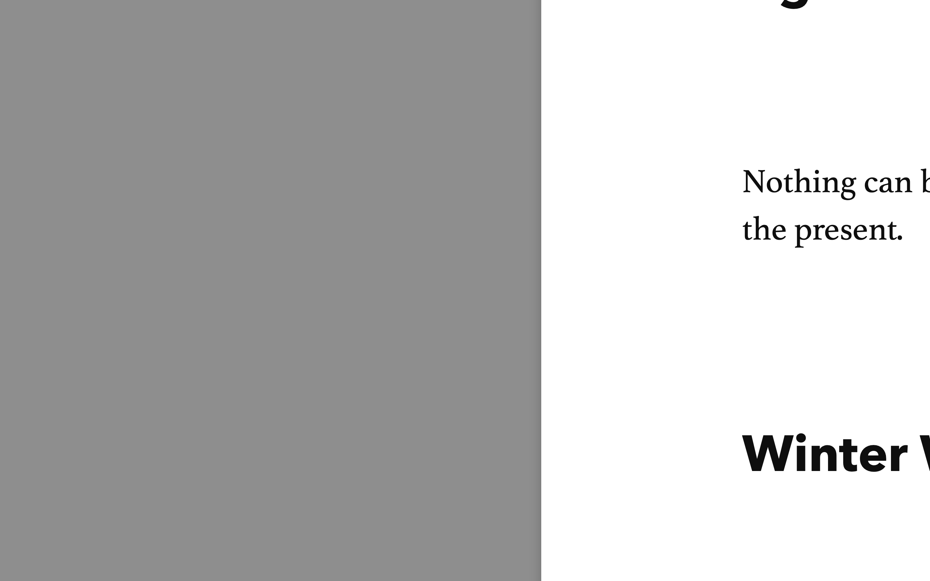 A piece in page view: white sheets on a grey canvas, with the text breaking at the foot of the first page.