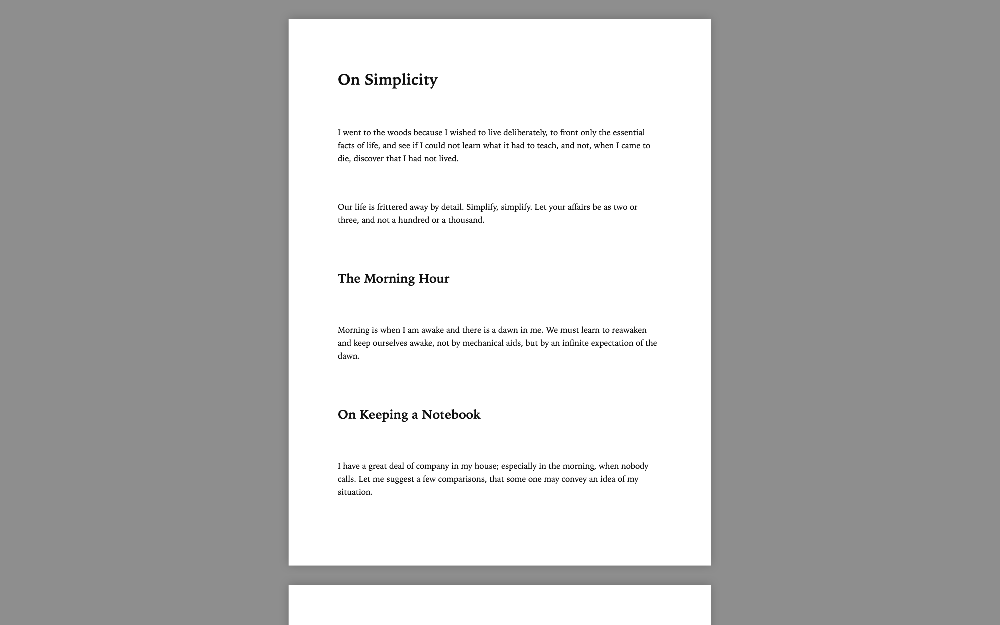 A piece in page view: white sheets on a grey canvas, with the text breaking at the foot of the first page.