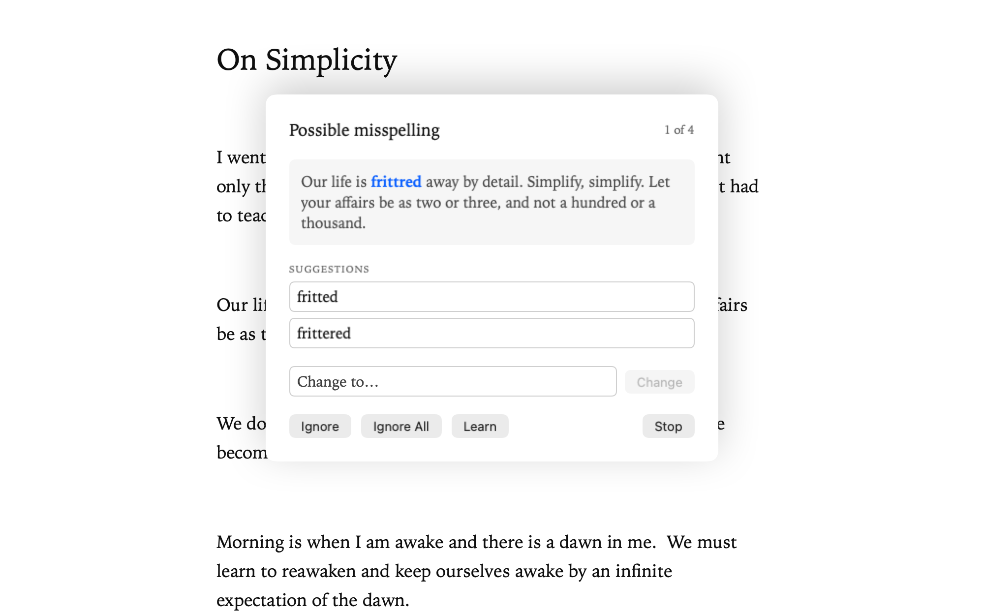 The proofreading sheet: a flagged word shown in its own line, with a list of suggestions beneath it.