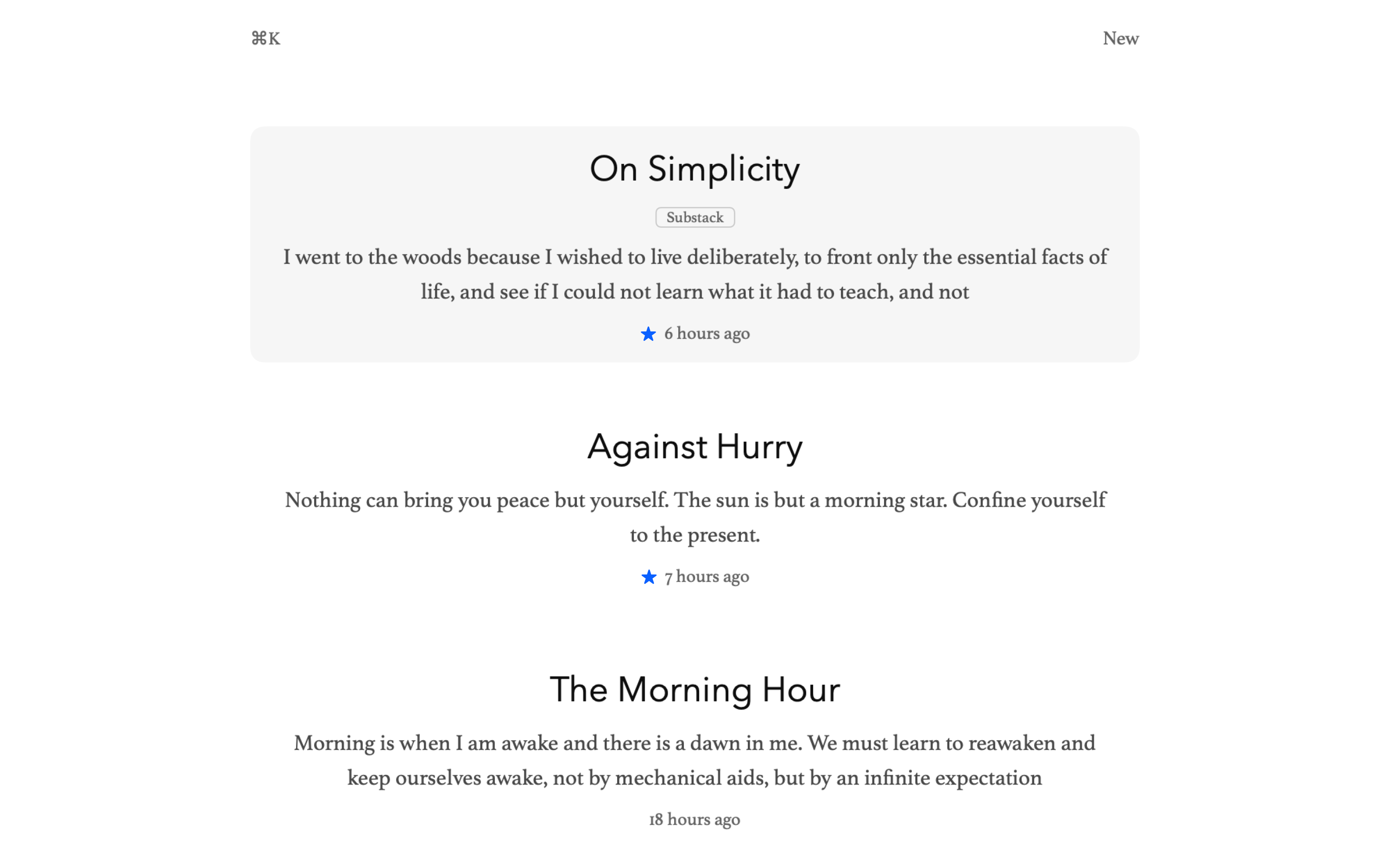The Writings list: three pieces shown large with excerpts, and smaller titles below a rule.